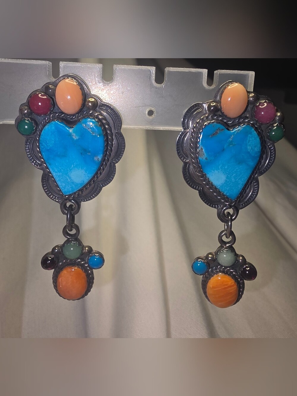 Native American sterling silver Earrings Signed, Heart Turquoise - Picture 4 of 14